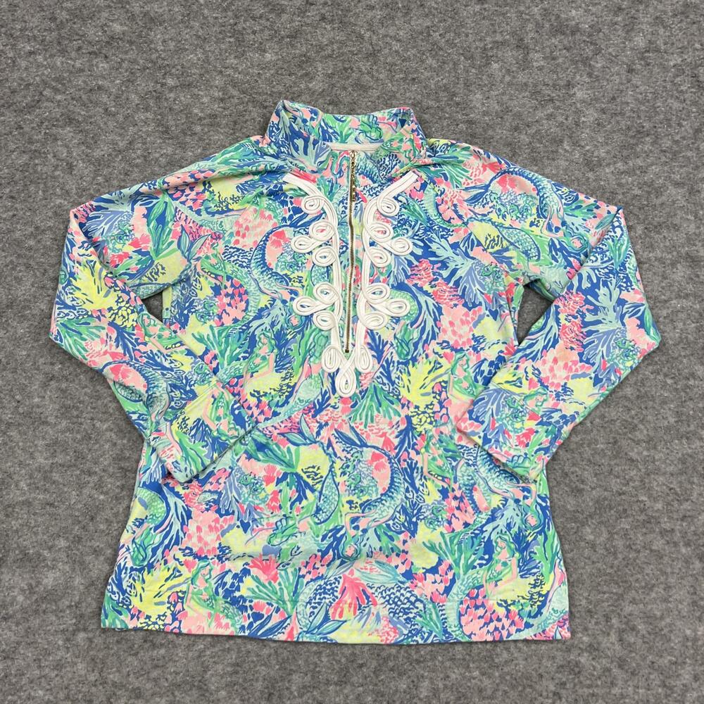 Lilly Pulitzer Sweatshirt Womens M Blue Pink Mermaid 1/2 Zip Pullover Mock Neck